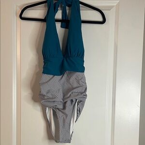 Cupshe Teal and Black Striped Halter Swimsuit